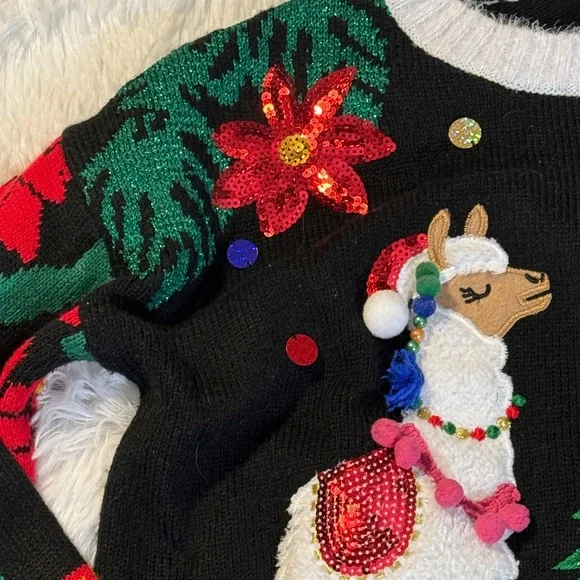 Holiday Time Llama Sweater - Black, Green, Red, White - Picture 4 of 8